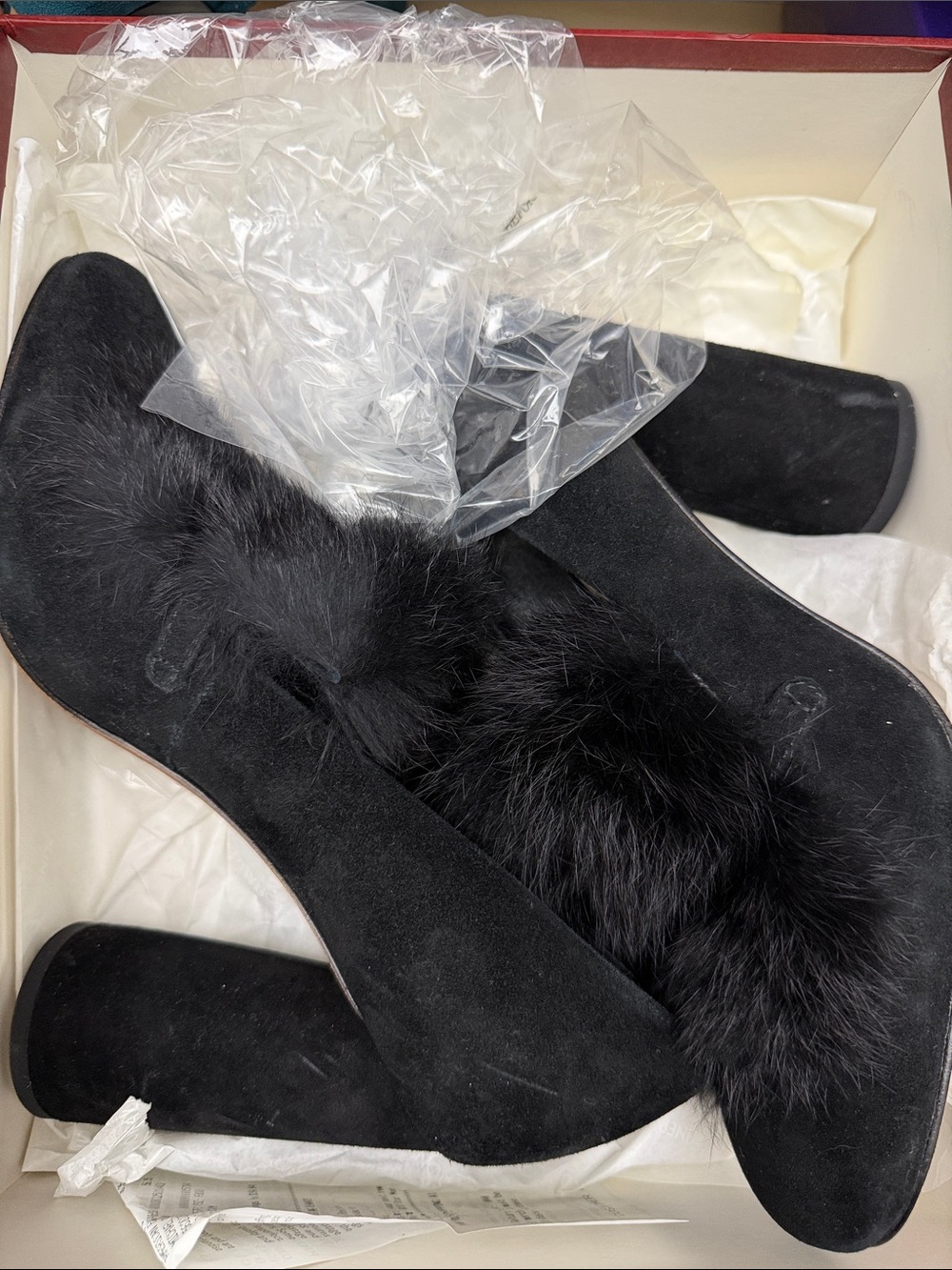 Donald J. Pliner Black Suede Fur-Trim Block Heel Pumps